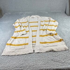St Johns Bay Womens Cardigan Large Cream Yellow Striped Open Front Longline
